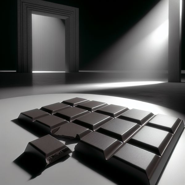 Surrealistische reep chocolade met vierkante stukjes - Taal leren Nederlands Hyperrealistische surrealistische afbeelding van een reep chocolade in vierkante stukjes, met een gebroken stukje ernaast op een gladde tafel, in dramatisch licht
