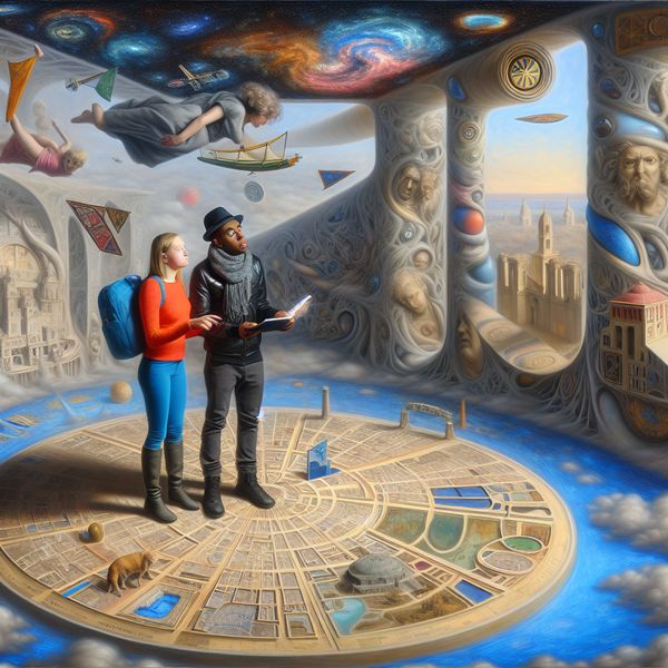 Surrealistische Reisplanning met Wandelaars en Kaart Een koppel reizigers staat voor een groot surrealistisch kaartschema van hun vakantiebestemming, terwijl ze een notitieboekje vasthouden.