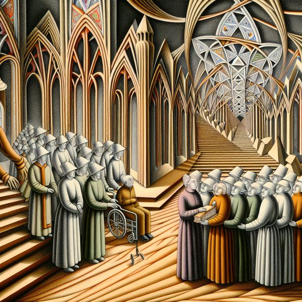 Surrealistische afbeelding van Br. Piet en religieuze gemeenschap Surrealistisch tafereel van een religieuze gemeenschap met Br. Piet die een oudere persoon helpt in een kerkachtige omgeving, met geometrische patronen en onmogelijke architectuur.