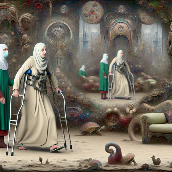 Surrealistische revalidatie in Bosch-stijl Vrouw na operatie probeert te lopen in surrealistisch landschap met vreemde wezens en obstakels.