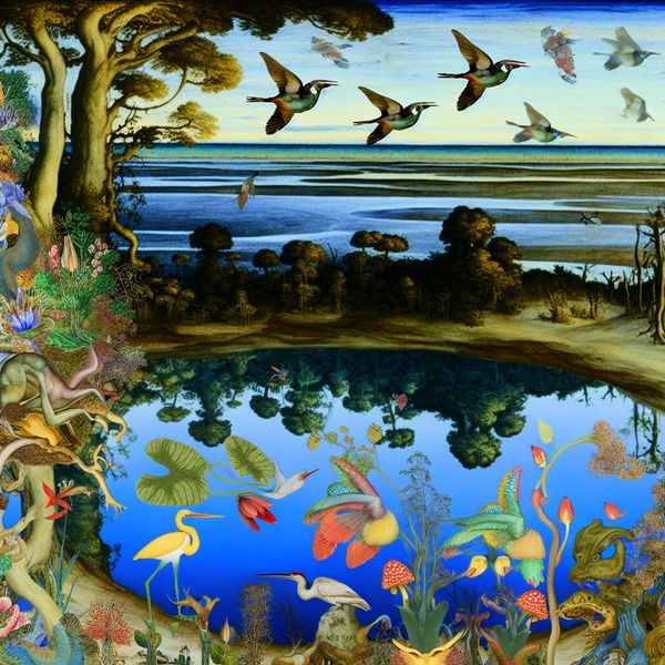 Surrealistische Ria Ecosysteem met Flora en Fauna Surrealistische weergave van een ria met rijke flora en diverse fauna, geïnspireerd door het fantasierijke werk van Hieronymus Bosch.