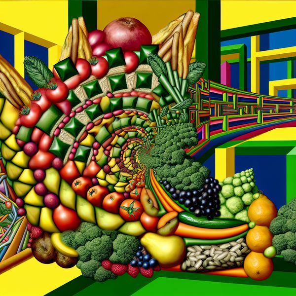 Een surrealistisch en geometrisch beeld van een kleurrijke salade met groenten, fruit en granen in een spiraalvorm, geïnspireerd door M.C. Escher