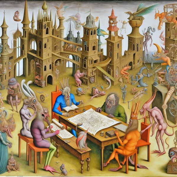 Een surrealistisch tafereel van bizarre wezens die samenwerken aan het plannen van een evenement.