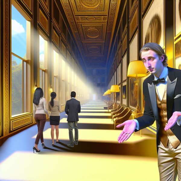 Surrealistische scène van excuses in een luxe omgeving Een goed geklede man maakt een gebaar van excuses in een luxueuze hal.