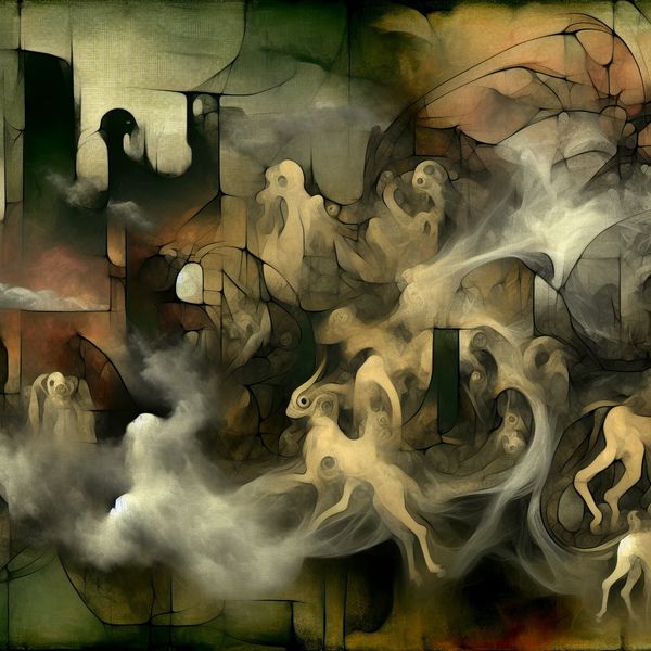 Surrealistische afbeelding in de stijl van Hieronymus Bosch met bizarre wezens en een vage, onduidelijke sfeer.
