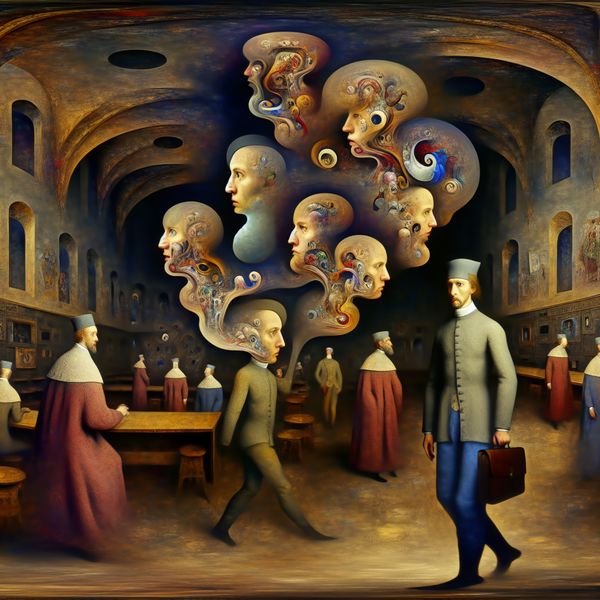 Surrealistische Weergave van Meervoudige Identiteiten Surrealistische scene van een persoon met meerdere identiteiten in middeleeuwse kamer
