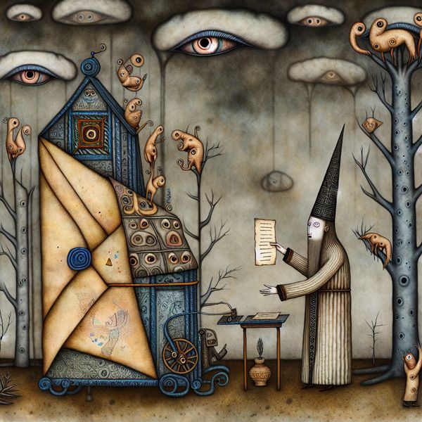 Surrealistische scène van een officiële brief verzenden Een surrealistisch tafereel van een figuur die lijkt op een gemeenteraadslid, naast een enorme versierde envelop, omgeven door bizarre elementen zoals bomen met ogen en wolken in de vorm van pennen.