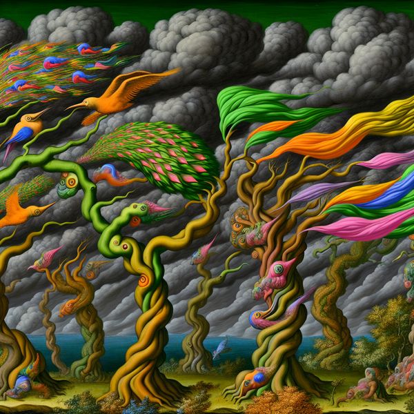 Surrealistische afbeelding geïnspireerd door Hieronymus Bosch met kleurrijke bomen en fantasierijke vogels die zich herplaatsen op hun takken.