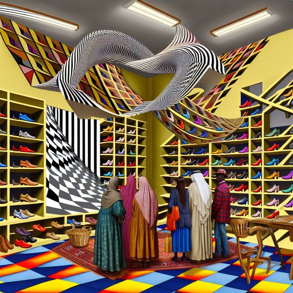 Surrealistische afbeelding van een schoenwinkel met geometrische illusies, vol kleurrijke schoenen en spelers van het woord 'beschikbaar' boven de rekken.
