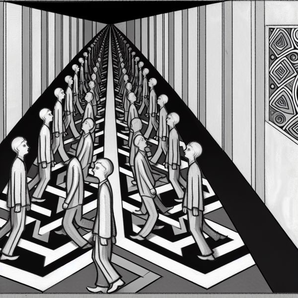 Optische illusie schoolgang: symboliek van een strikte richtlijn tegen pesten Surrealistische schoolgang met studenten in een eindeloze, geometrische loop die een strikte anti-pestrichtlijn symboliseert, geïnspireerd op M.C. Escher