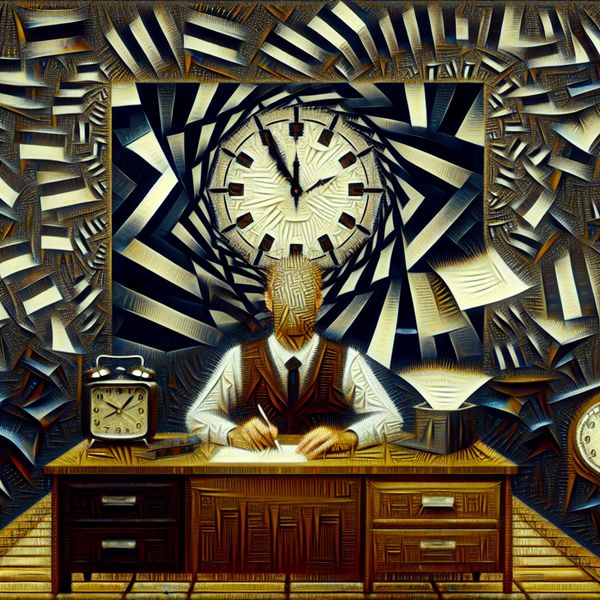 Surrealistische weergave van een slechte werkdag in Escher-stijl Surrealistische afbeelding van een slecht dag op kantoor met een overweldigde figuur, vervormde klokken en chaotic papieren in geometrische patronen.