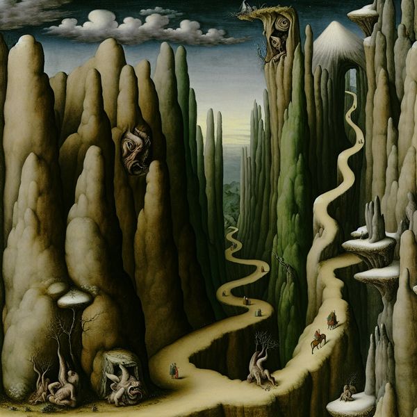 Surrealistische bergpas in de stijl van Jheronimus Bosch met kronkelend pad tussen steile rotswanden, vreemde rotsformaties, zwevende stenen en middeleeuwse reizigers in een mystieke, besneeuwde omgeving