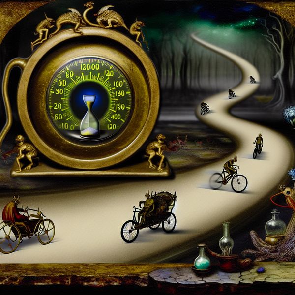 Surrealistisch tafereel van hybride voertuigen in een race, met een middeleeuwse snelheidsmeter die 120 km/u aangeeft in een droomachtig landschap geïnspireerd op Hieronymus Bosch