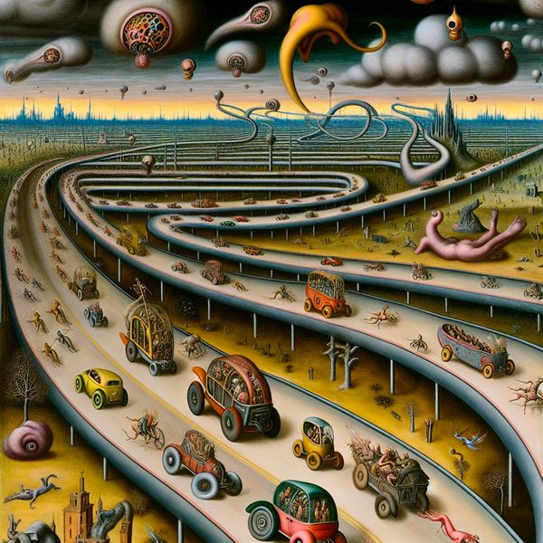 Surrealistische snelweg met hybridvoertuigen en fantastische steden - Verkeer en reizen kunstwerk Surrealistisch kunstwerk in de stijl van Hieronymus Bosch met een brede snelweg vol bizarre voertuigen en fantastische steden, symbolisch voor verkeer en reizen