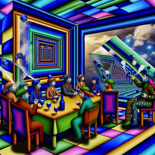 Een stil en teruggetrokken persoon in een levendige sociale setting, omgeven door kleurrijke geometrische patronen en optische illusies.