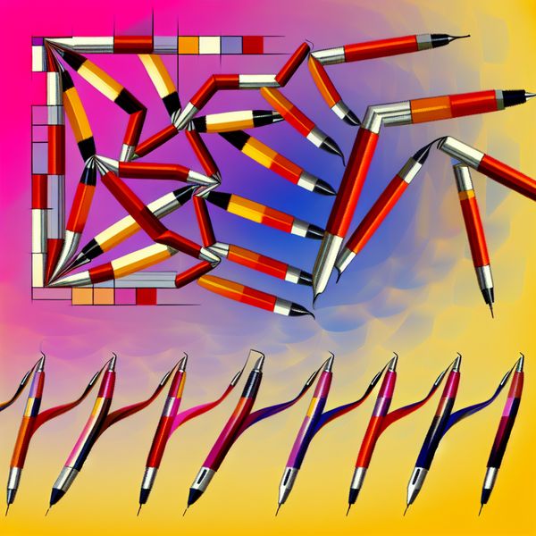 Surrealistische Illustratie van Soorten Pennen Surrealistische afbeelding van verschillende soorten pennen in een onmogelijke constructie, geïnspireerd op M.C. Escher, met kleurige vulpen en gelpen.