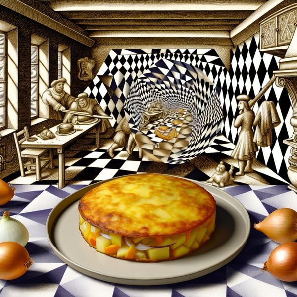 Een surrealistische keuken waar een gouden Spaanse tortilla wordt bereid op een geometrische tafel, met ingrediënten zichtbaar zoals aardappelen en uien.