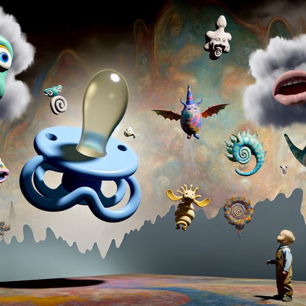 Surrealistische scène met een oversized speen als troostobject Een kind staart naar een oversized speen in een surrealistisch landschap vol vreemde wezens.