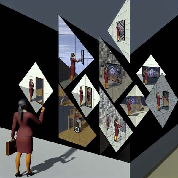 Surrealistische spiegeltuin van loopbaanreflectie Surrealistische afbeelding van een zakenpersoon die in een reeks geneste spiegels kijkt, met reflecties van verschillende fasen van zijn carrière.