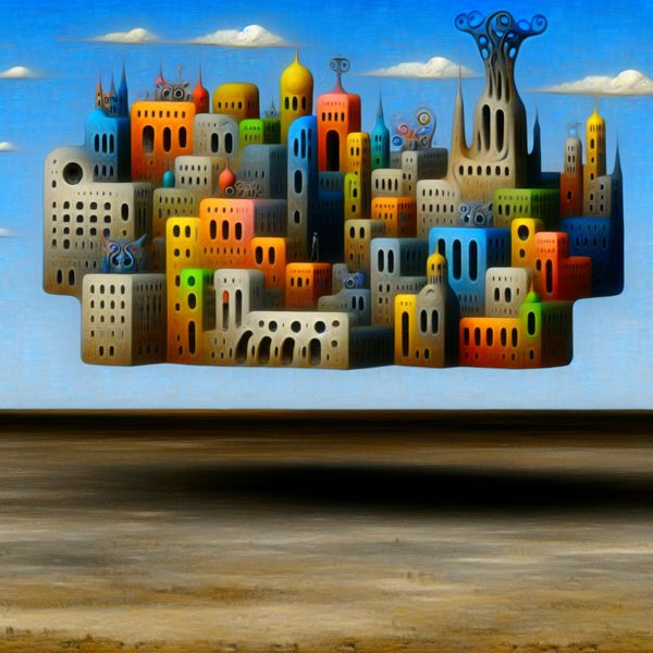 Surrealistische stad met bizarre architectuur en contrast met landschap Surrealistische stad met bizarre architectuur en een saai landschap op de achtergrond
