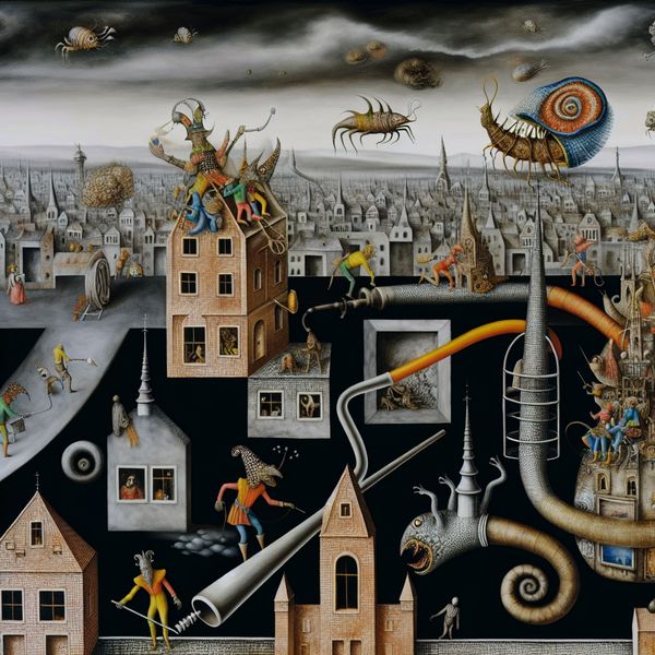 Surrealistische stadsarchitectuur met bizarre wezens en lekkend dak Surrealistisch stadsbeeld met bizarre wezens die een lekkend dak dichten met vreemde gereedschappen, geïnspireerd door Hieronymus Bosch.