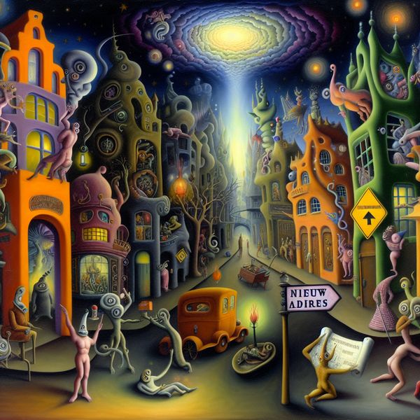 Een surrealistische oude stadsstraat verlicht door een mysterieuze gloed, met fantasierijke wezens die naar een bord wijzen met 'Nieuw Adres'
