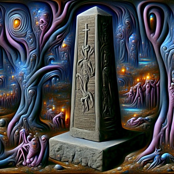 Surrealistische Stele in Mystiek Landschap Een surrealistische en complexe voorstelling van een gestileerde stele in een mystiek landschap, omringd door bizarre wezens die doen denken aan het werk van Hieronymus Bosch.