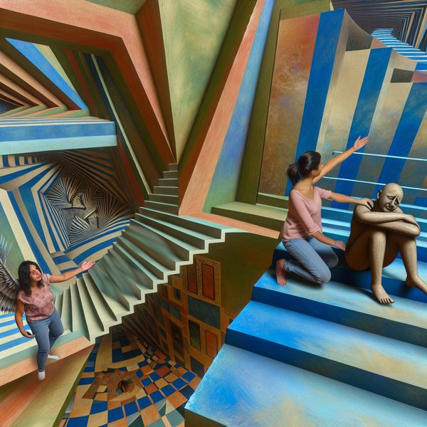 Surrealistische steun van een vriend in moeilijke tijden Een surrealistisch beeld van een vriend die steun biedt tijdens moeilijke tijden, met een doorgang die op zichzelf terugloopt en een vertwijfelde persoon op een trap.