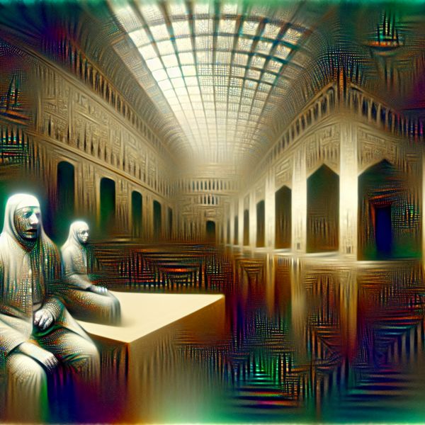 Surrealistische stilte tussen twee mensen - emotionele spanning in kunst Twee figuren in een monumentale ruimte, zwijgend tegenover elkaar, met een zware, geladen stilte tussen hen in een surrealistisch schilderij in de stijl van Carel Willink