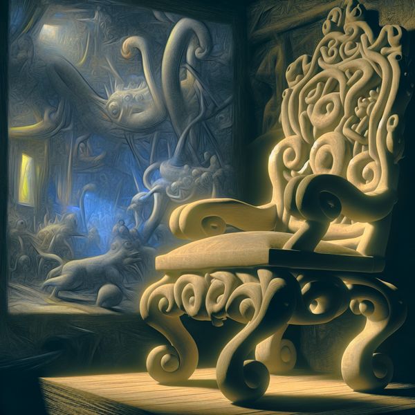 Surrealistische stoel in een dromerige omgeving Een surrealistische stoel met bizarre houtsnijwerk in een droomachtige omgeving met etherisch licht.