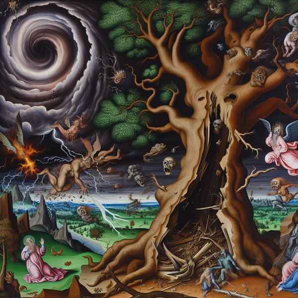 Surrealistische Storm die een Oude Boom Vernietigt in de Stijl van Bosch Surrealistische afbeelding van een storm die een oude boom vernietigt, met fantasticale wezens op de achtergrond die de chaos gadeslaan.