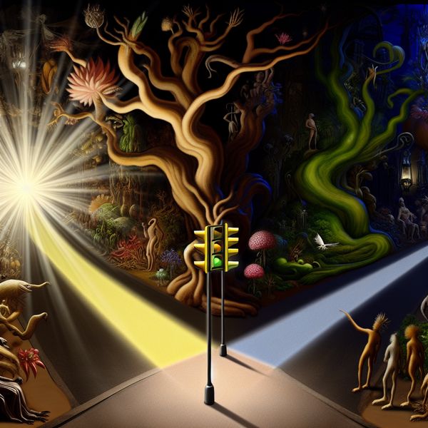 Surrealistische straat met gloeiend verkeerslicht en bizarre bomen Surrealistisch straatbeeld met een gloeiend verkeerslicht en bizarre, kronkelige bomen aan de linkerzijde