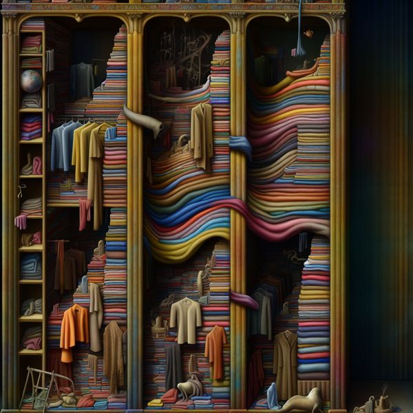 Een surrealistisch tafereel met een kast vol kleurrijke kleding, mooi gestapeld, met vreemde wezens die zich tussen de stoffen bevinden.