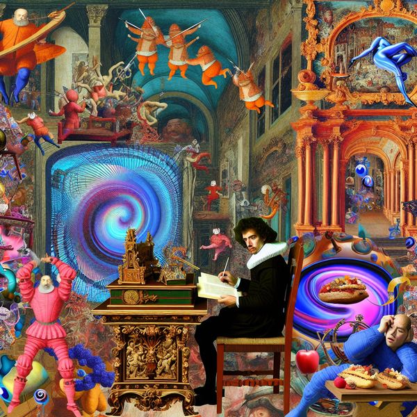 Een surrealistisch tafereel met een student die huiswerk maakt aan een grote, ornamentele bureau vol vreemde objecten, terwijl een fantasierijke tv op de achtergrond bizarre beelden toont.