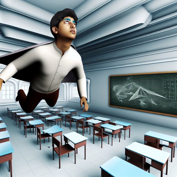 Surrealistische afbeelding van een student die door een klaslokaal zweeft Een surrealistische afbeelding van een student die door een hyper-realistisch klaslokaal zweeft, omringd door abstracte schoolbenodigdheden en een reusachtig krijtbord met complexe vergelijkingen.