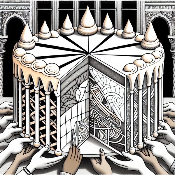 Surrealistische taart met Escher-patronen, één derde ontbreekt