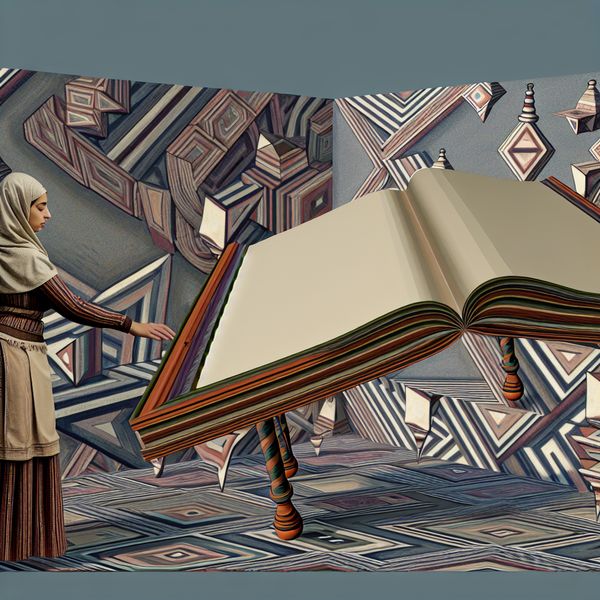 Surrealistische tafel met vrouw en boek in Escher-stijl Een vrouw plaatst een boek op een vervormde, geometrische tafel vol optische illusies, geïnspireerd door M.C. Escher.