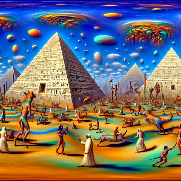 Surrealistisch Tafereel van het Oude Egypte met Piramides en Goden Een surrealistisch tafereel met enorme piramides in een felle woestijn, omringd door speelse oude goden en hiërogliefen, die de oude Egyptische cultuur vertegenwoordigen.