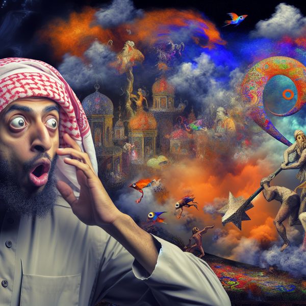 Surrealistisch tafereel van verbazing geïnspireerd door Hieronymus Bosch Een persoon die verbaasd kijkt naar een surrealistisch tafereel vol vreemde wezens en verrassende elementen.