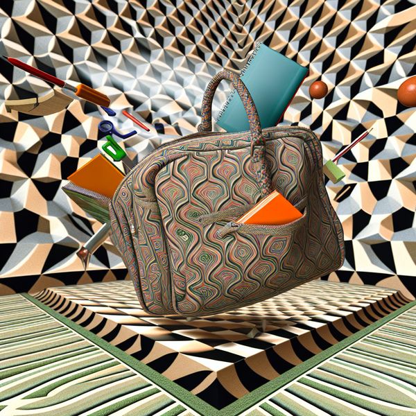 Surrealistische tas met schoolspullen Een surrealistisch beeld van een open tas die in de lucht zweeft, omringd door schoolspullen zoals boeken en een laptop, op een geometrische tegelvloer.