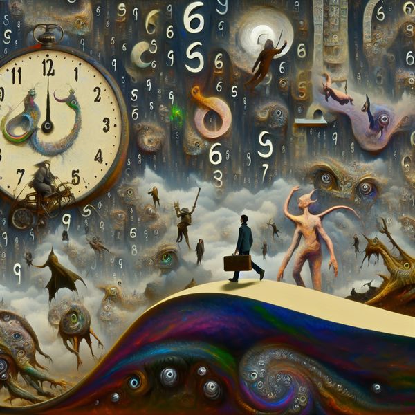 Surrealistische scène van een te laat komende figuur Een surrealistisch tafereel van een figuur die te laat komt op een chaotische bijeenkomst vol vreemde wezens en droomachtige objecten, met een klok waarin de cijfers smelten.