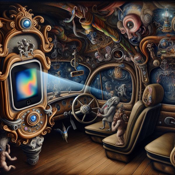 Surrealistische telefoonhouder in fantasieuze autobinnenkant Een surrealistische weergave van een grote telefoonhouder in een fantasierijke autobinnenkant, omringd door bizarre wezens en mysterieuze objecten.
