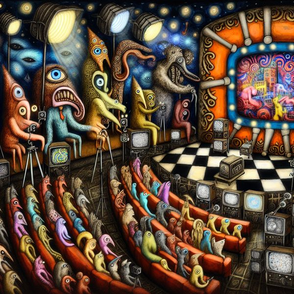Een surrealistisch televisiestudio gevuld met bizarre wezens die een live-uitzending uitzenden, met ingewikkelde details en warme kleuren.