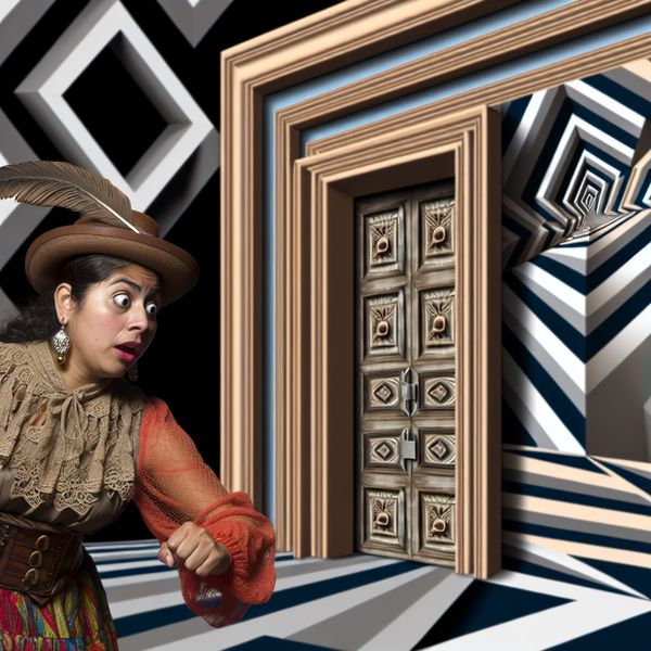Surrealistische theateruitgang in de stijl van M.C. Escher Surrealistische afbeelding van de uitgang van een theater met een grote decoratieve deur, omgeven door geometrische vormen en optische illusies, met een vrouw die zich haast naar de uitgang beweegt.