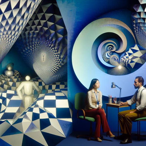 Surrealistische Therapie Beeld in Klinische Psychologie Een surrealistisch tafereel van een therapeut in een complex kantoor met geometrische patronen en optische illusies, waarbij twee patiënten hun gesprekken voeren.