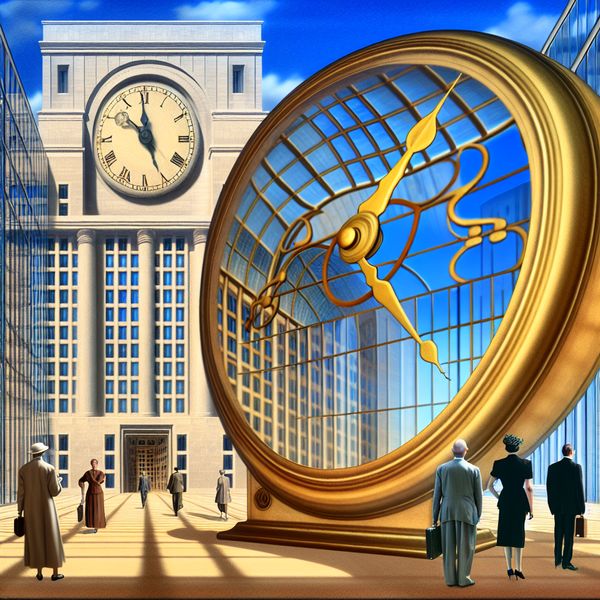Surrealistisch Beeld van de Tijd met Antieke Klok en Zakelijke Mensen Hyper-realistisch beeld van een antieke klok vlak voor 12:05, met zakelijke mensen in een zonnig stadslandschap.
