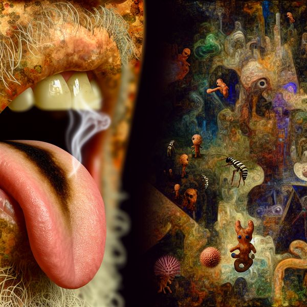 Surrealistische close-up van een uitgestoken tong met verbrand punt en rook, omringd door bizarre wezens in de stijl van Jheronimus Bosch, symboliserend pijn en ongemak in de mond