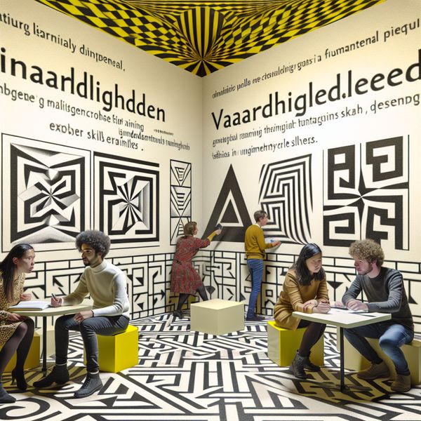Surrealistische trainingsruimte voor het ontwikkelen van vaardigheden Een surrealistische trainingsruimte in de stijl van M.C. Escher met geometrische vormen en optische illusies, waar een diverse groep mensen bezig is met vaardigheden zoals teamwork en communicatie.