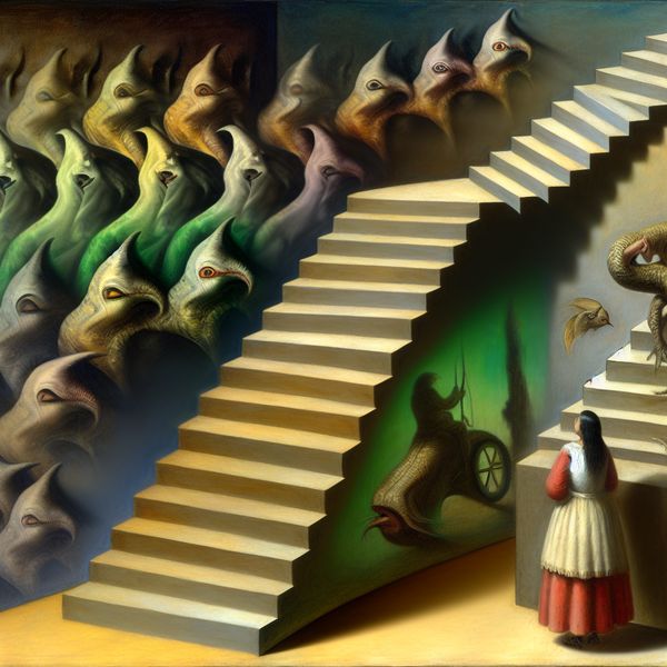 Surrealistische trap met fantasiewezens en bizarre scènes Surrealistische trap met dertig treden, elk met een fantasievol wezen of bizarre scène, geïnspireerd door Hieronymus Bosch.