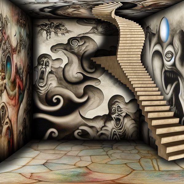 Surrealistische trap in de stijl van Hieronymus Bosch Surrealistische trap met bizarre wezens, beschilderd in de stijl van Hieronymus Bosch